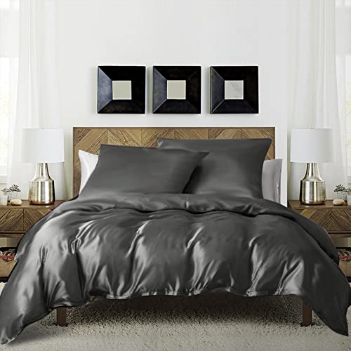 Bettwäsche 135x200cm 4teilig Grau Anthrazit Dunkelgrau Seide Satin Glänzend Glatt Bettwäsche Set Luxus Einfarbig Glanzsatin Polyester Bettwäsche Paare Set Einzelbett mit Reissverschluss von Luofanfei