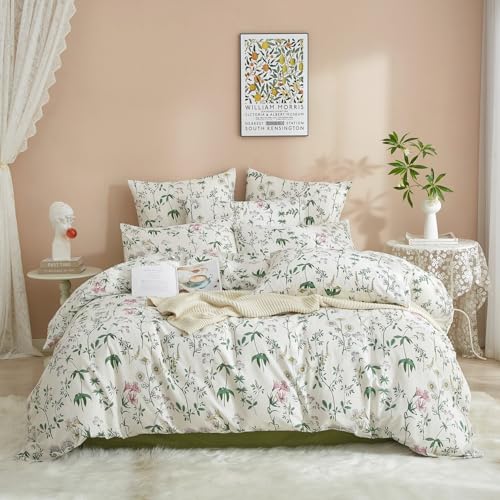 Bettwäsche 200x200 Renforce Baumwolle Blumen Grün Weiß Bunt Pflanzen Blätter Sommer Bettwäsche Set Doppelbett Frühling Floral Bettbezug 200 200 und 2 Kissenbezüge 80x80 cm mit Reißverschluss Weich von Luofanfei