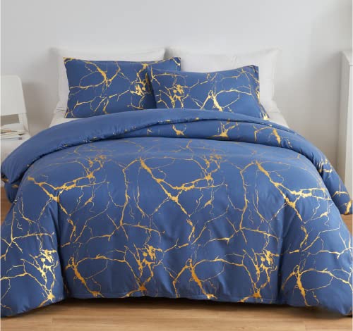 Bettwäsche Blau 220x240 Marmor Aesthetic Gold Microfaser Bettwäsche Set Luxus Modern Bettbezug Set mit Metallic-Glitzermuster Teenager Wendebettwäsche und Kissenbezüge 80x80 mit Reißverschluss von Luofanfei