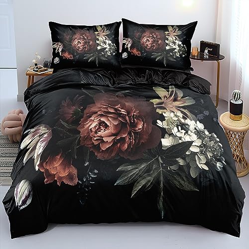 Bettwäsche Blumen 220x240 Rot Schwarz Weiß Grün Blüten Floral Pflanzen Sommer Bettwäsche Set Geblümt Blumenmuster Microfaser Bettdeckenbezug Doppelbett Bettdecke 240x220 und 2 Kissenbezüge 80x80cm von Luofanfei