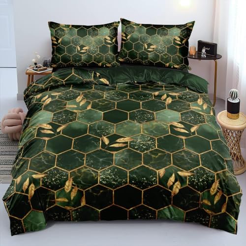 Bettwäsche Grün 135x200 Dunkelgrün Gold Kariert 3D Effekt Marmor Wende Bettwäsche Set Marmoriert Aesthetic Microfaser Luxus Modern Gedruckt Bettbezug 135 x 200 Einzelbett mit Reißverschluss von Luofanfei