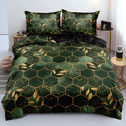 Bettwäsche Grün 220x240 cm Dunkelgrün Schwarz Gold Marmor Karierte Muster Wendebettwäsche 3D Marmoroptik Motiv Aesthetic Microfaser Luxus Modern Gedruckt Bettbezug Set 240x220 mit Reißverschluss von Luofanfei