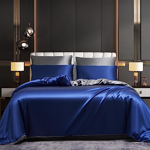 Bettwäsche Satin 155x220 Blau Dunkelblau Grau Seide Glänzend Glatt Bettwäscheset Glanzsatin Sommer Uni Seiden Luxus Muster Kühlende Bettbezug 155 220 und Kissenbezüge 80x80 cm mit Reissverschluss von Luofanfei