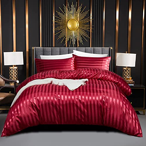 Bettwäsche Satin 200x220 cm Glänzend Seide Glatt Weinrote Bettwäsche Set Sommer Rot Einfarbig Luxus Glanzsatin Gestreifte Bettbezug Doppelbett Set 220x200 und Kissenbezüge 80x80 cm von Luofanfei