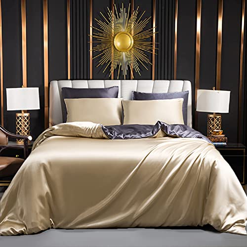 Bettwäsche Satin 200x220cm Glänzend Seiden Gold Braun Graue Bettwäsche Set Uni Bettbezug Doppelbett Set Glatt Luxus Glanzsatin Wendebettwäsche mit Reissverschluss und Kissenbezüge 80x80 cm von Luofanfei