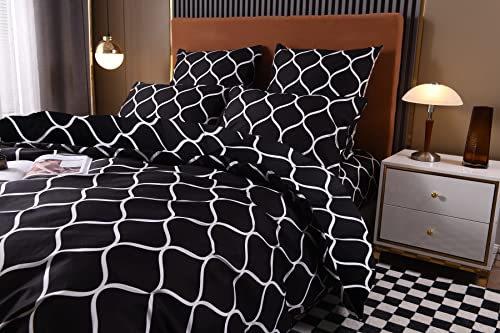 Bettwäsche Schwarz 135x200 Schwarze Bettwäsche Set Schwarz Weiß Geometrisches Gittermuster Aesthetic Muster Bettbezug Set Microfaser Weiche Deckenbezug mit Reissverschluss + 1 Kissenbezug 80x80cm von Luofanfei