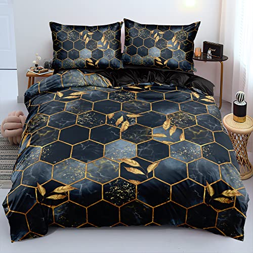 Bettwäsche Set Blau 200x200 Dunkelblau Schwarz Gold Marmor Optik 3D Kariert Motiv Bettwäsche Set Aesthetic Microfaser Luxus Modern Gedruckt Bettbezug Doppelbett Set 200 200 und 2 Kissenbezüge 80x80cm von Luofanfei