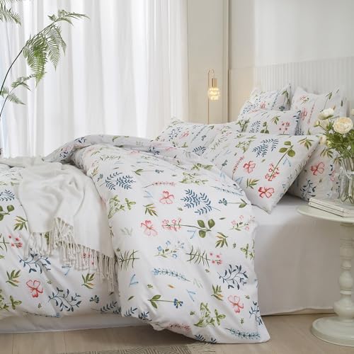 Blumen Bettwäsche 135x200 Weiß Grün Blau Blumenmuster Pflanzen Sommer Wende Bettwäsche Set Floral Bunt Microfaser Bettbezug Einzelbett 135 x 200cm und Kissenbezug 80x80 cm mit Reißverschluss von Luofanfei