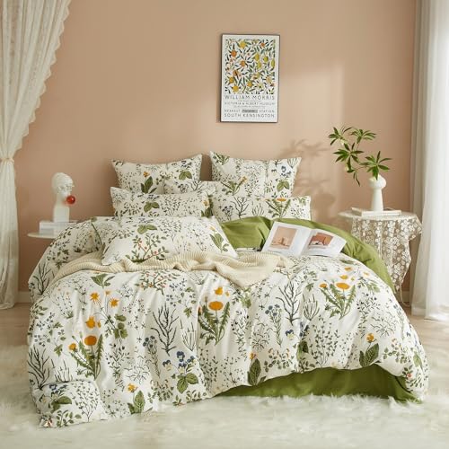 Luofanfei Blumen Bettwäsche 200x220 Renforce Baumwolle Grün Weiß Bunt Blumenmuster Pflanzen Blätter Sommer Bettbezug Doppelbett Set und 2 Kissenbezüge 80x80 cm mit Reißverschluss Weich und Bügelfrei von Luofanfei