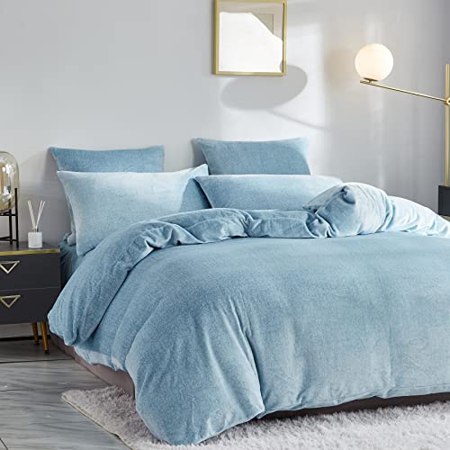 Luofanfei Fleece Flauschige Bettwäsche Winter 220x240 Blau Cashmere Touch Microfaser Thermo Plüsch Bettwäsche 240 x 220 Frottee Nicki Samt Weiche Hellblau Uni Teddy Fleece Winterbettwäsche Set von Luofanfei