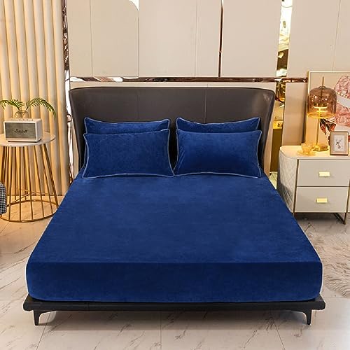 Fleece Spannbettlaken Spannbetttuch Warm Winter 140x200 Blau Dunkelblau Flausch Cashmere Touch Teddy Plüsch Flanell Kuschelig Flauschig Nicki Velours Bettlaken für Boxspringbett Hohe Matratzen 30 cm von Luofanfei