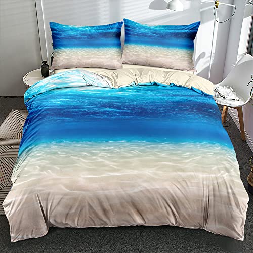 Luofanfei 3D Bettwäsche 200x220 Strand Blau Beige Microfaser Strände Wende Maritime Bettwäsche Ozeanwelle Gedruckt Sommer Doppelbett Set Bettbezug 200x220 cm + 2 Kissenbezüge 80 x 80 cm von Luofanfei