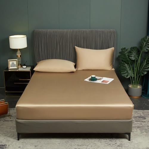 Luofanfei Bambus Lyocell Spannbettlaken 140x200cm Gold Khaki Boxspringbett Frottee Topper Glänzend Bambusfaser Muster Bettlaken Spannbetttuch Uni Spannbetttücher für Hohe Matratze bis 25-30 cm von Luofanfei