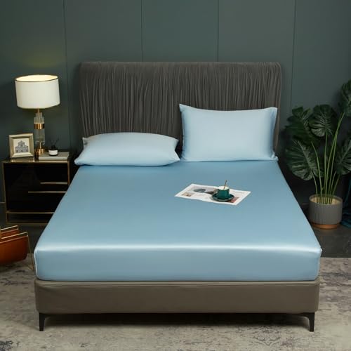 Luofanfei Bambus Lyocell Spannbettlaken 200x200cm Blau Hellblau Boxspringbett Frottee Topper Glänzend Bambusfaser Muster Bettlaken Spannbetttuch Uni Spannbetttücher für Hohe Matratze bis 25-30 cm von Luofanfei