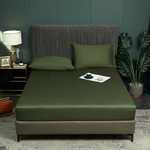 Luofanfei Bambus Lyocell Spannbettlaken 200x200cm Grün Olivgrün Boxspringbett Frottee Topper Glänzend Bambusfaser Muster Bettlaken Spannbetttuch Uni Spannbetttücher für Hohe Matratze bis 25-30 cm von Luofanfei