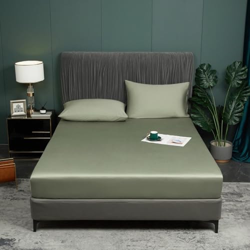Luofanfei Bambus Lyocell Spannbettlaken 200x200cm Grün Salbeigrün Boxspringbett Frottee Topper Glänzend Bambusfaser Muster Bettlaken Spannbetttuch Uni Spannbetttücher für Hohe Matratze bis 25-30 cm von Luofanfei