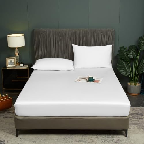 Luofanfei Bambus Lyocell Spannbettlaken 90x200cm Weiß Boxspringbett Frottee Topper Glänzend Bambusfaser Bettlaken Spannbetttuch 90 x 200 Uni Spannbetttücher für Hohe Matratze bis 25-30 cm von Luofanfei