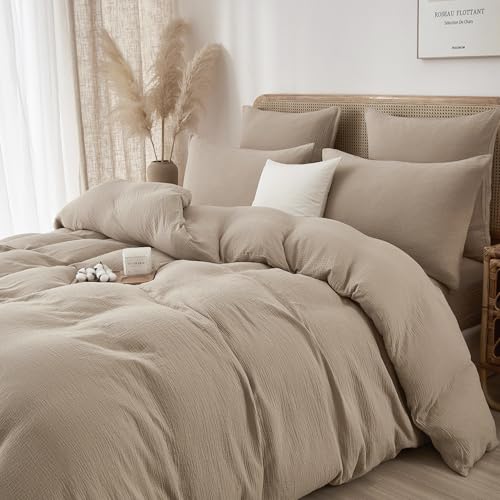 Luofanfei Baumwolle Muslin Bettwäsche Taupe 200x220 Khaki Renforce Uni Sommer Kühlende Bettwäsche Set Weiche Boho Bettbezug Knitterlook Bügelfrei mit Reißverschluss und Kissenbezüge 80x80cm von Luofanfei