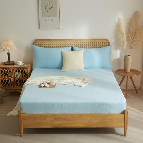 Luofanfei Baumwolle Spannbettlaken Muslin 200x200cm Hellblau Blau Boxspringbett Frottee Topper Weich Uni Atmungsaktiv Bettlaken für Hohe Matratze bis 25-30 cm von Luofanfei