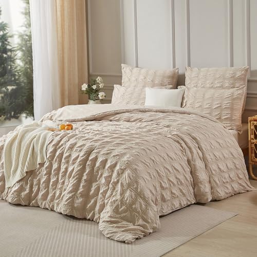 Luofanfei Beige Seersucker Bettwäsche 135x200 Sommer Kühlende Gestreiftes Karierte Uni Muster Sommerbettwäsche Atmungsaktiv Leicht Bettbezug Einzelbett und Kissenbezug 80x80 cm von Luofanfei