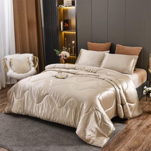 Luofanfei Bettdecke 200x200 cm Sommer 4 Jahreszeiten Sommerdecke Microfaser Ganjahresdecke Satin Seide Uni Farbig Gold Muster Tagesdecke Set Schlafdecke Weiche Quilted Gesteppte Steppdecke Winter von Luofanfei