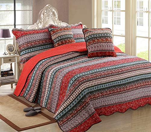 Luofanfei Bettüberwurf Gesteppt Tagesdecke Baumwolle 2teilig Boho Stil Steppdecke Tagesdecke Patchwork Streifen Bettdecke Sofa Decke Doppelbett mit Kissen Set Rot von Luofanfei