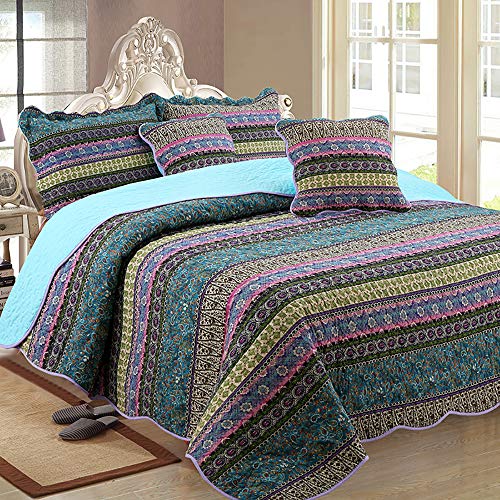 Luofanfei Bettüberwurf Tagesdecke 270x250 cm Bett Baumwolle Boho Patchwork Stil Muster überdecke Steppdecke Quilt Gesteppt Sofaüberwurf Couch Vintage Schlafzimmer mit Kissen Set Grün Blau von Luofanfei
