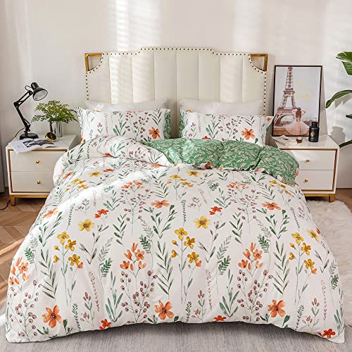 Luofanfei Bettwäsche 135x200 Baumwolle Blumen Weiß Grün Wende Bettwäsche Set Floral Bunt 2 teilig Bettbezug Einzelbett 135x200cm und 1 Kissenbezug 80x80 cm mit Reißverschluss Weich und Bügelfrei von Luofanfei