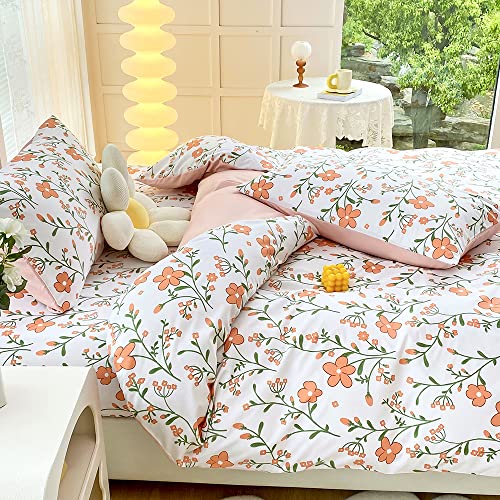 Luofanfei Bettwäsche 135x200 Blumen Muster Weiß Rosa Sommer Bettwäsche Set Blumenmuster Bunt Weich Microfaser Bettbezug Einzelbett und Kissenbezug 80x80 cm mit Reissverschluss von Luofanfei