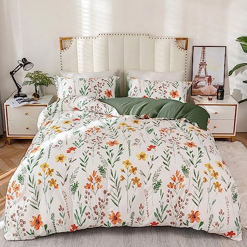 Luofanfei Bettwäsche 135x200 Blumen Weiß Grün Blumenmuster Pflanzen Sommer Wende Bettwäsche Set Floral Bunt Microfaser Bettbezug Einzelbett 135 x 200cm und Kissenbezug 80x80 cm mit Reißverschluss von Luofanfei