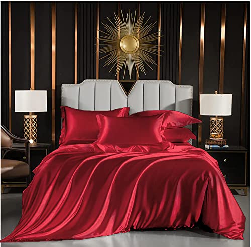 Luofanfei Bettwäsche 135x200cm 4teilig Rot Weinrot Satin Glänzend Seide Glanzsatin Bettwäsche Set Einfarbig Glatt Luxus Polyester Bettbezüge Einzelbett mit Reissverschluss und Kissenbezüge 80x80 cm von Luofanfei