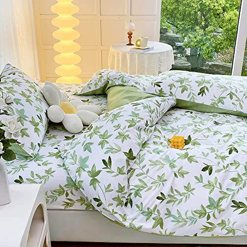 Luofanfei Bettwäsche 155x220 Grün Weiß Blätter Pflanzen Bettwäscheset Pflanzen Weich Microfaser Bettbezug Einzelbett und Kopfkissenbezüge 80x80cm mit Reissverschluss von Luofanfei