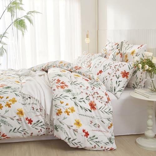 Luofanfei Bettwäsche 200x200 Bunt Grün Weiß Blumen Pflanzen Botanisch Blumenmuster Bunt Sommer Frühling Wende Bettwäsche Set Bettbezug 200 200 cm und 2 Kissenbezüge 80x80cm mit Reißverschluss von Luofanfei