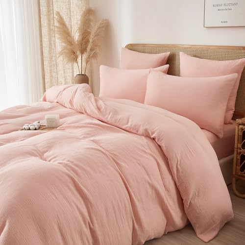 Luofanfei Bettwäsche 200x200 Muslin Baumwolle Rosa Renforce Uni Sommer Kühlende Boho Bettwäsche Set Einfarbig Weiche Bettbezug Knitterlook Bügelfrei mit Reißverschluss und Kissenbezüge 80x80cm von Luofanfei