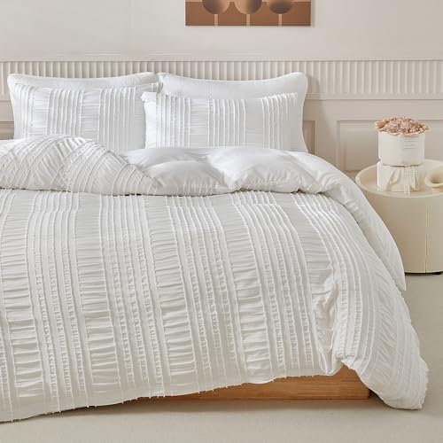 Luofanfei Bettwäsche 200x200 Weiß Uni Boho Wende Bettwäsche Set Microfaser Stickerei Shabby Chic Getuftet Bohemian Geometrisches Muster Bettbezug und Kissenbeüge 80x80 cm mit Reißverschluss von Luofanfei