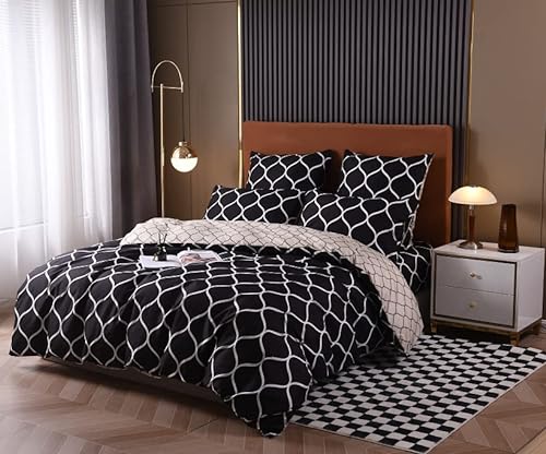 Luofanfei Bettwäsche 220X240 cm Set Mikrofaser Weiß Schwarz Bettwäscheset 3 Teilig Atmungsaktiv mit Geometrisches Muster Gold Beige Deckenbezug King Size Warm Bettbezug Doppelbett Set (220X240cm,ON) von Luofanfei