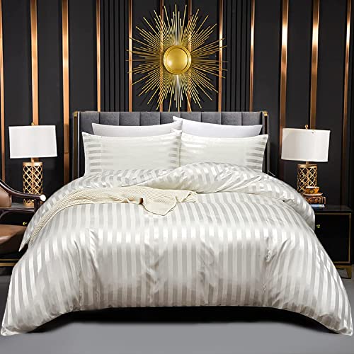 Luofanfei Bettwäsche Beige 220x240 Glänzend Satin Glanzsatin Weiße Bettwäsche Set Seide Glatt Luxus Uni Gestreifte Bettbezug Doppelbett Set mit Reissverschluss und Kissenbezüge 80x80 cm von Luofanfei