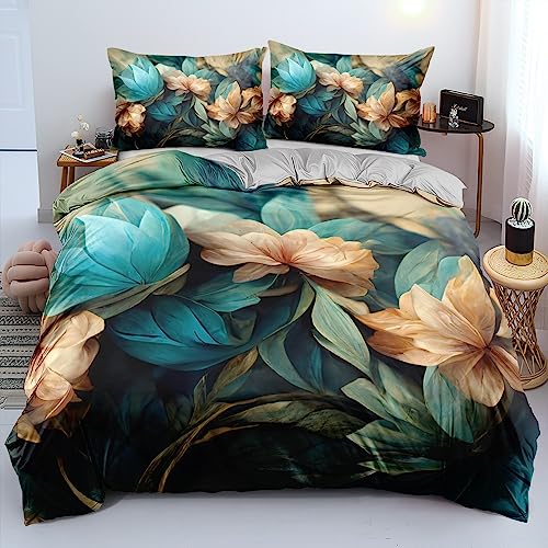 Luofanfei Bettwäsche Blumen 135x200 cm Blau Petrol Grau Vintage Blüten 3D Geblümt Floral Pflanzen Muster Set 2er Blumenmuster Microfaser Bettbezug Einzelbett und Kissenbezug 80x80cm von Luofanfei