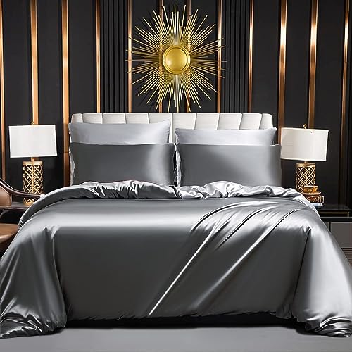 Luofanfei Bettwäsche Satin, 240 x 260 cm, Grau, für Erwachsene, für Doppelbett, Satin, Bettbezug 240 x 260 cm, Grau, Seide, glatt, seidig, Set mit Reißverschluss und 2 x 65 x 65 cm Kissenbezüge von Luofanfei