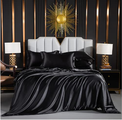 Luofanfei Bettwäsche Satin 220x240 Schwarz Glänzend Einfarbig Bettbezug Doppelbett Set Seide Glatt Luxus Schwarze Bettwäsche Set Glanzsatin Polyester mit Reissverschluss und Kissenbezüge 80x80 cm von Luofanfei