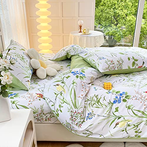 Luofanfei Bettwäsche Set 155x220 Weiß Grün Blätter Pflanzen Blumen Pflanzen Bettwäscheset Vögel Botanisch Microfaser Bettbezug Einzelbett und Kopfkissenbezüge 80x80cm mit Reissverschluss von Luofanfei