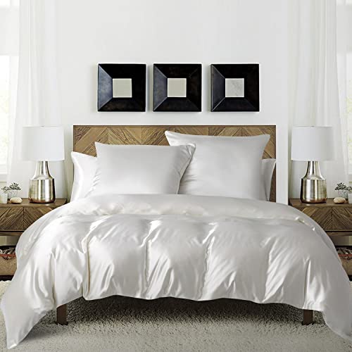 Luofanfei Bettwäsche Weiß Satin 200x220 Glänzend Einfarbig Weiße Creme Bettbezug Doppelbett Set Seide Glatt Luxus Bettwäsche Set Glanzsatin Polyester mit Reissverschluss und Kissenbezüge 80x80 cm von Luofanfei