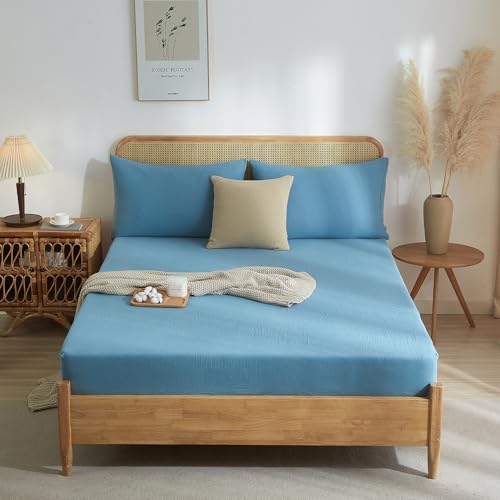 Luofanfei Blaue Baumwolle Muslin Spannbettlaken 140x200cm Petrol Blau Boxspringbett Frottee Topper Weich Uni Atmungsaktiv Bettlaken für Hohe Matratze bis 25-30 cm Luofanfei Blaue Baumwolle Muslin Spannbettlaken 140x200cm Petrol Blau Boxspringbett Frottee Topper Weich Uni Atmungsaktiv Bettlaken für Hohe Matratze bis 25-30 cm von Luofanfei