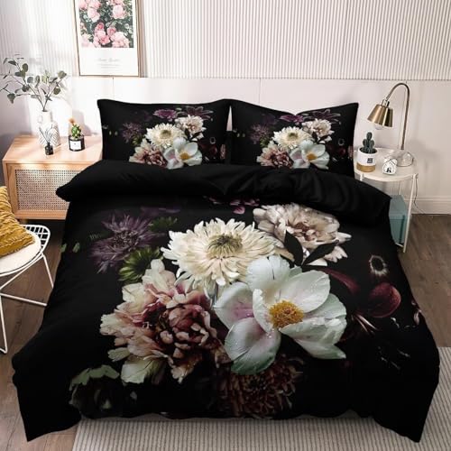 Luofanfei Blumen Bettwäsche 200x220 Blüten Schwarz Vintage Muster Pflanzen Bettwäsche Set Sommer Geblümt Floral Blumenmuster Microfaser Bettbezug Doppelbett Set Bettdecke 220x200 und 2 Kissenbezüge von Luofanfei