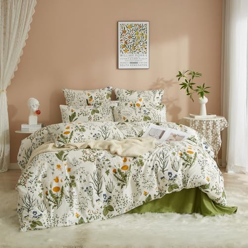 Luofanfei Blumen Bettwäsche 200x220 Renforce Baumwolle Grün Weiß Bunt Blumenmuster Pflanzen Blätter Sommer Bettbezug Doppelbett Set und 2 Kissenbezüge 80x80 cm mit Reißverschluss Weich und Bügelfrei von Luofanfei