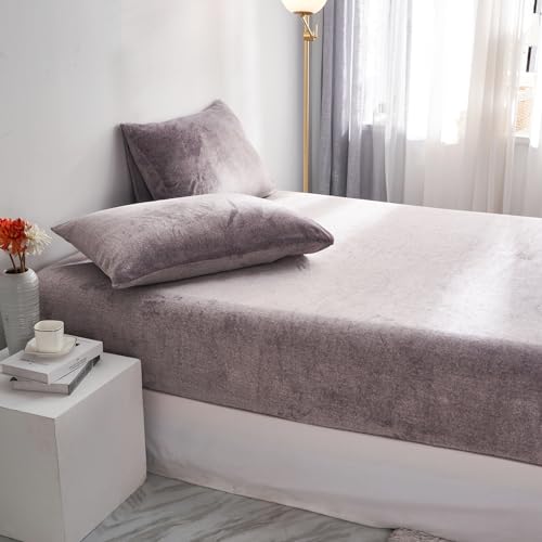 Luofanfei Fleece Spannbettlaken Bettlaken 140x200cm Grau Winter Extra Warm Plüsch Samt Kuschelige Leintuch Boxspringbett Frottee Spannbetttuch Uni Muster für Hohe Matratze bis 25-30 cm von Luofanfei
