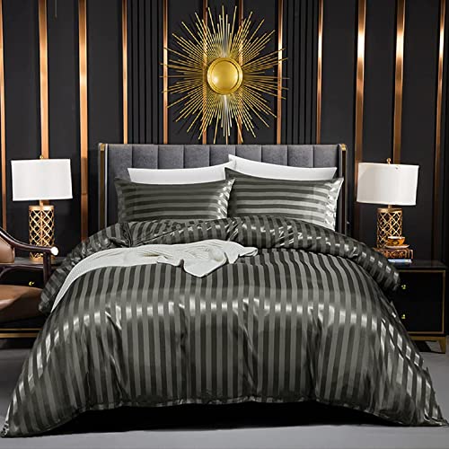 Luofanfei Gestreifte Bettwäsche Grau 200x220 Satin Glänzend Glanzsatin Graue Bettwäsche Set Sommer Uni Muster Seide Glatt Luxus Bettbezug Doppelbett Set mit Reissverschluss und Kissenbezüge 80x80 cm von Luofanfei