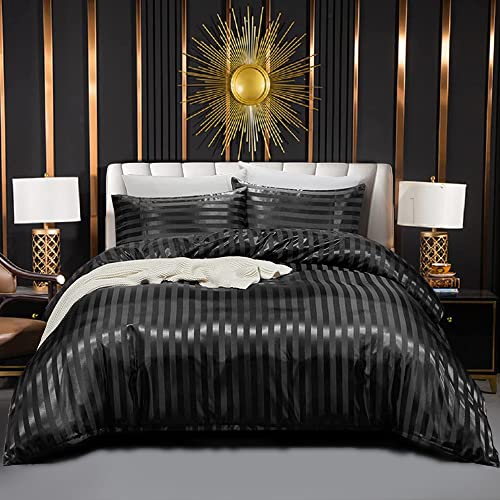 Luofanfei Glänzend Bettwäsche Satin 200x200 Schwarz Glanzsatin Kühlende Sommer Bettwäsche Set Seide Luxus Glatt Gestreifte Einfarbig Schwarze Bettbezug mit Reissverschluss und Kissenbezüge 80x80 cm von Luofanfei