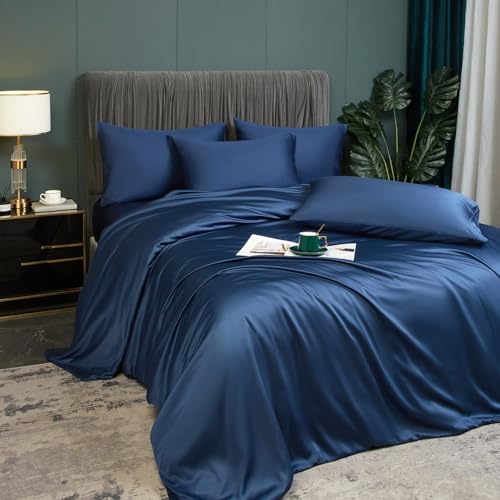 Luofanfei Kühlende Sommer Bettwäsche 200x200 Dunkelblau Blau Bambus Polyester Glänzend Glatt Uni Bettwäsche Set Luxus Einfarbig Muster Bettbezug Set und Kissenbezüge 80x80 mit Reissverschluss von Luofanfei