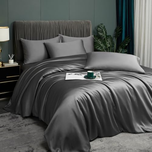 Luofanfei Kühlende Sommer Bettwäsche 220x240 Grau Anthrazit Bambus Polyester Glänzend Glatt Uni Bettwäsche Set Luxus Einfarbig Muster Bettbezug Set und Kissenbezüge 80x80 mit Reissverschluss von Luofanfei